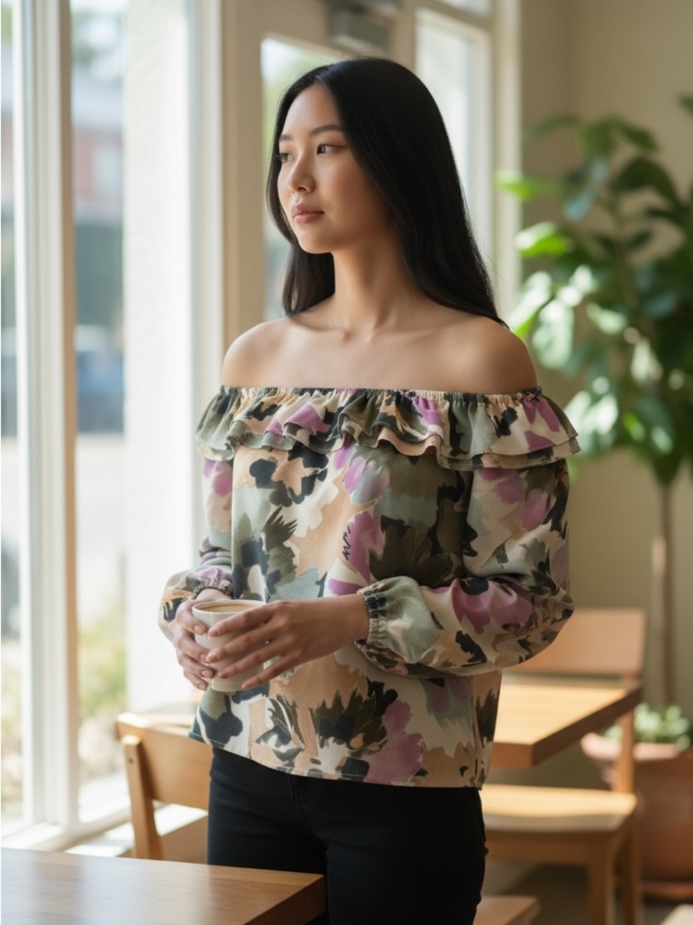 J.Crew Off-Shoulder Floral Ruffle Blouse in Green & Pink